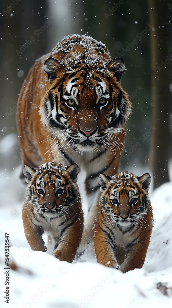 Obraz premium Majestic tiger mother with two cubs walking through snowy forest during winter storm, snow flakes falling on their fur creating magical wildlife scene in natural habitat.