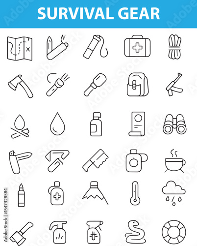 Survival Gear Line Icons, Compass, Knife, Tent, Firestarter, Backpack, Flashlight, Map, Rope, Canteen, flashlight, , Provided in editable EPS and transparent PNG formats for versatile use