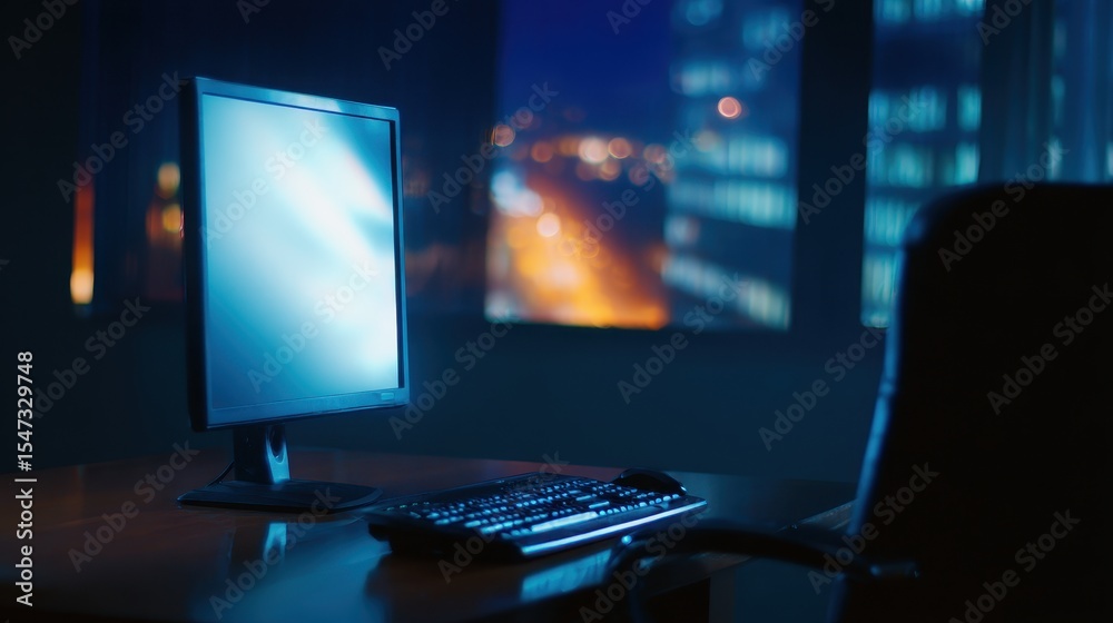 Empty office desk at night with a glowing computer screen, city skyline visible outside window Empty office desk at night with a glowing computer screen, city skyline visible outside window