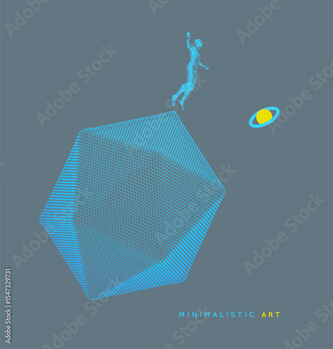 A man takes a step in virtual space. The concept of research, development and expansion of horizons of knowledge. Flying man in zero gravity. Hovering in the air. Minimalist art. 3d vector for cover.
