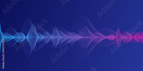 Neon flowing wavy lines on black background. Abstract sound wave design for ai concept, equalizer, audio record, voice assistant. Blue, pink orange gradient curve stripes. Vector background