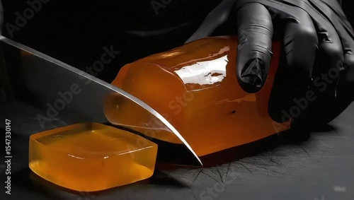 Close-Up Gloved Hands Slicing Translucent Amber Block Shot in crystal-clear 4K for stunning detail.