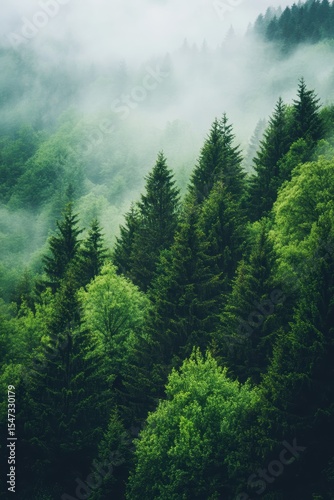 Mist-covered evergreen forest landscape showing lush green trees and tranquil nature scene, promoting outdoor adventure and eco-friendly lifestyles.