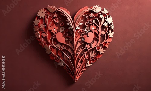 Animated Paper Heart with Floral Design on a Red Background for Valentines Day