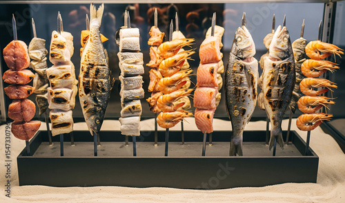 Various skewers of grilled fish and seafood are grilling in a restaurant