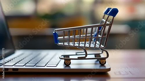 Miniature shopping cart perched on a laptop keyboard, symbolizing online shopping convenience