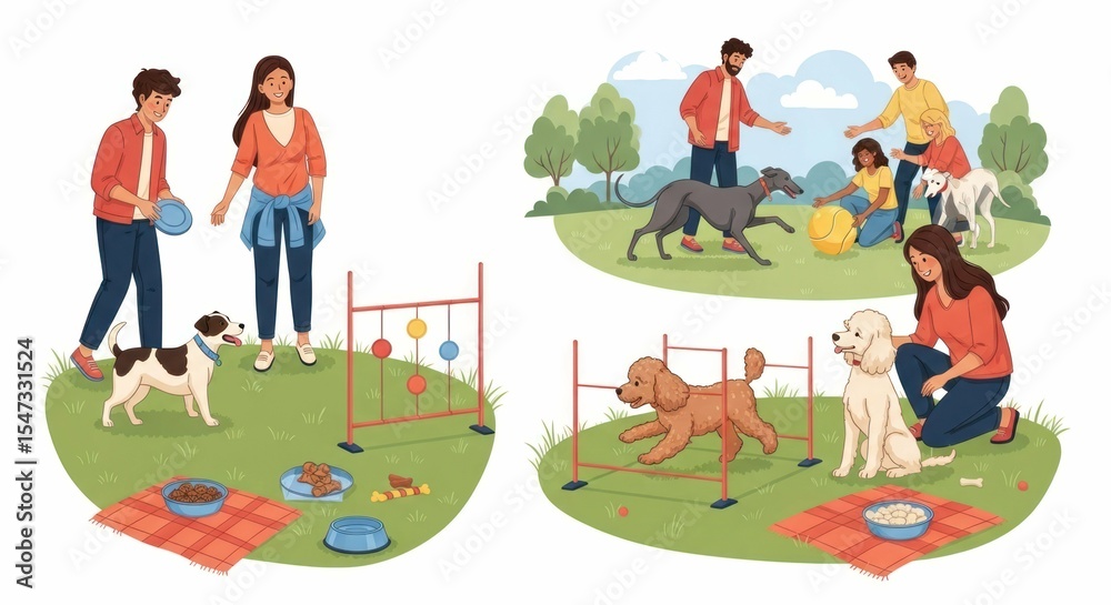 Dogs playing with their owners in the park, active lifestyle illustration Dogs playing with their owners in the park, active lifestyle illustration