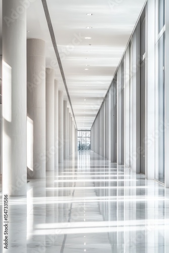 Office hallway interior design featuring modern architecture  bright natural light  spacious layout  clean lines  minimalist style  and reflective floors.