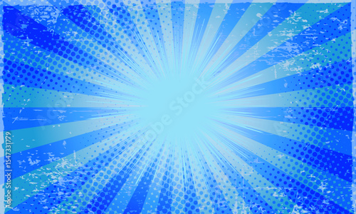 Blue comic sunburst effect background with halftone. Pop art comic and grunge style background. Suitable for templates, sale banners, events, ads, web and pages