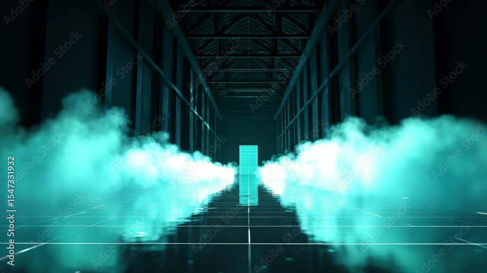 Futuristic server room and hallway with glowing blue lights, digital grid floor, mist, and reflective surfaces, creating high tech, mysterious data and technology environment with light, reflection