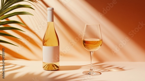 Golden white wine in a glass and bottle shines under palm leaf shadows, evoking summer, luxury, and modern tropical ambiance.