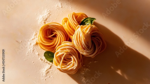 Four golden pasta nests dusted with flour and garnished with basil capture rustic Italian cuisine and gourmet homemade preparation.