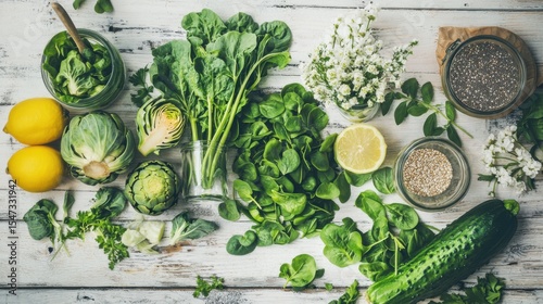 Fresh spinach, cucumbers, artichokes, lemons, and seeds are arranged on a white wood surface, representing plant-based nutrition and vitality.