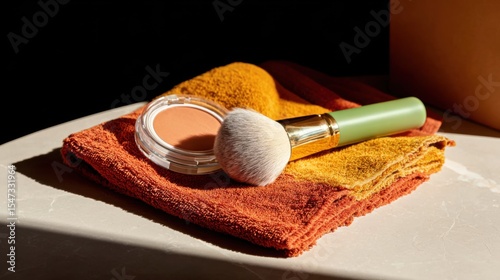 Soft makeup brush rests beside peach blush on folded towels, showcasing gentle skincare texture and elegant beauty styling essentials.