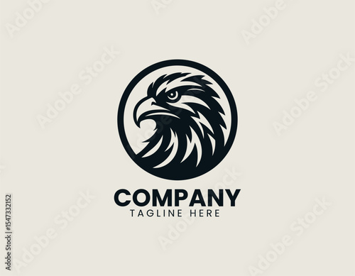 Fierce falcon head in circular logo with bold shapes and minimalist aesthetic conveying power and focus