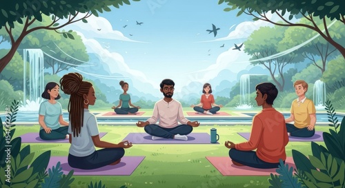 Group practices yoga meditation in a serene garden landscape
