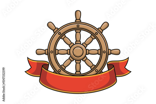 Wooden Ship Wheel with Red Ribbon Banner Illustration