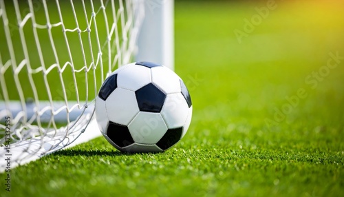 White and black soccer ball on green grass field, ready for play