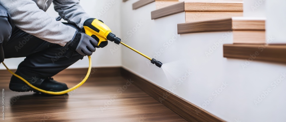 Obraz premium Pest control technician using spraying equipment to eliminate insects in home interior near stairs, ensuring safety and cleanliness in residential spaces.