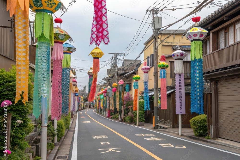 Fototapeta Colorful japanese street decorated for festival