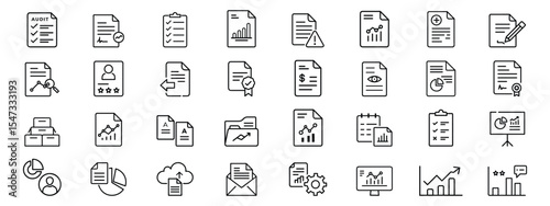Line Icons Set of Business Reports, Audit, and Analytics Documents, icons of reports, data charts, checklists, statistical dashboards, documents with alerts, financial summaries, cloud syncing