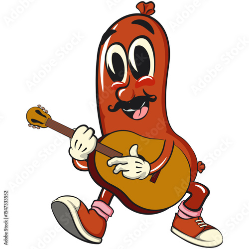 Cheerful sausage cartoon mascot with moustache playing guitar, fun meat snack character illustration, isolated high-quality vector perfect for branding and design use, work of hand drawn