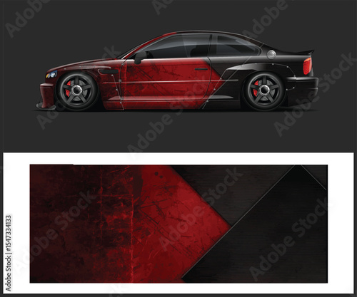 Customized Red and Black Sports Car with Matching Abstract Background