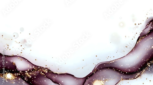 Luxurious burgundy and white marble abstract background with gold glitter accents and flowing liquid texture creates elegant design element for luxury branding.