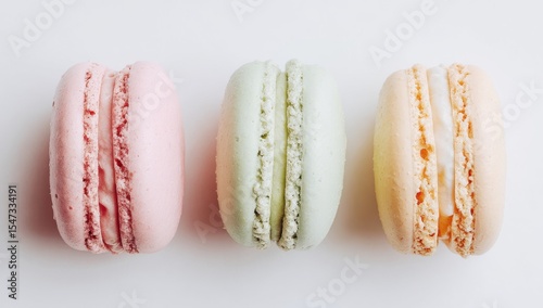 Three soft pastel macarons on white background, flat lay overhead view, minimalist style for advertising, branding, and digital marketing concepts.