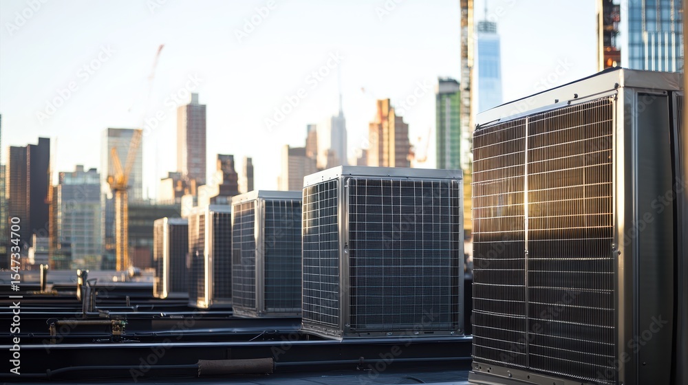 Fototapeta premium Rooftop HVAC units cooling residential buildings with city skyline and sunset in background, urban air conditioning systems for commercial properties and homes.