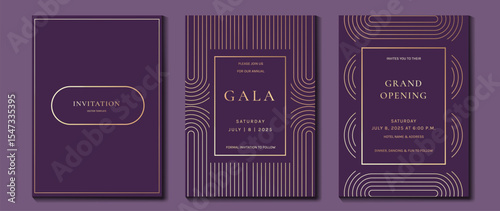 Luxury wedding invitation card background vector. Golden elegant gold wavy lines on purple background. Premium design illustration for wedding and vip cover template, banner, poster.