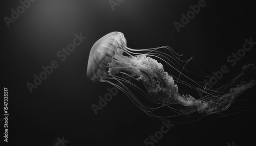 A serene black and white image of a jellyfish gliding through dark ocean waters, highlighting its long, flowing tentacles.