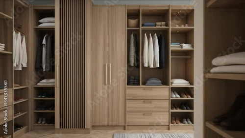 Wooden wardrobe with tiered design, compact home interior storage. Wardrobe with clothes, drawers, shoes, shelves. 4k video