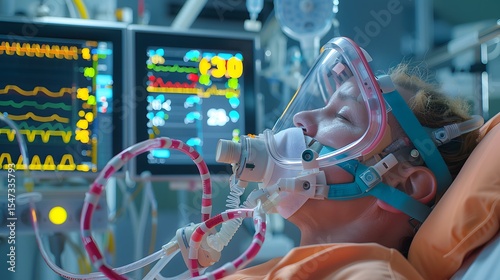 Patient in Intensive Care Unit with Respiratory Support Equipment