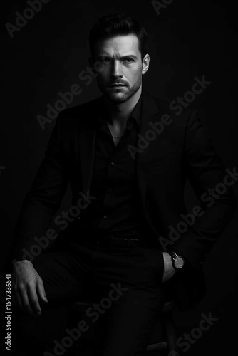 Stylish portrait of a serious young man in a dark suit, posing in a studio with a cool and handsome look