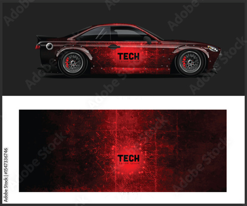 Red Tech Themed Car Wrap Design with Circuit Board Pattern