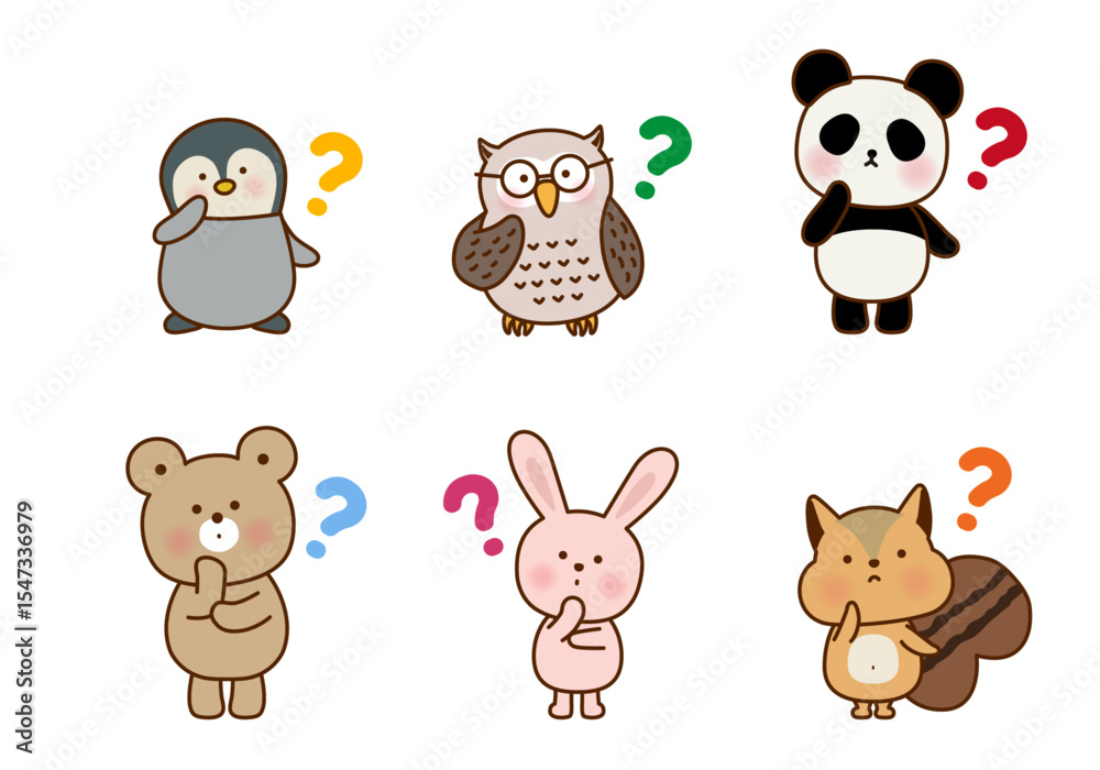 考え中の動物たちのかわいいイラストセット 考え中の動物たちのかわいいイラストセット
