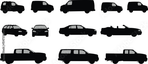 Collection of black car silhouettes vector, pickup, SUV, van, and sedan icons, front and side views, transportation elements for graphic design, isolated style