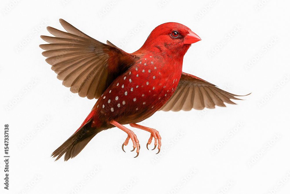 Obraz premium Flying Red Avadavat Bird with Spotted Plumage on White Background.