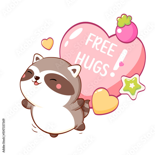 Free hug. Friendly little raccoon is in a hurry to hug you. Adorable kawaii pet is just waiting for a hug. Vector poster for nursery, greeting card, print, banner for home interior, kid t-shirt