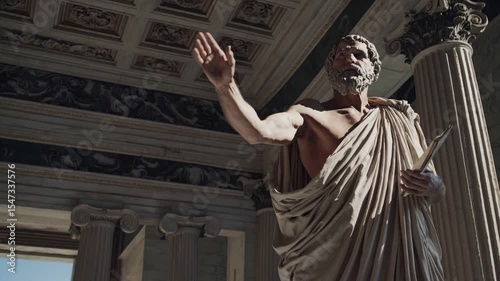 Wise philosopher addressing audience in front of ancient marble temple, concept of public discourse, civic education, classical heritage, Socratic wisdom, leadership, the foundation of Western thought