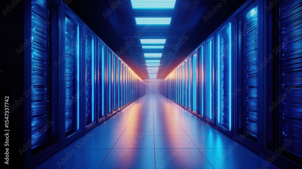 Fototapeta premium Futuristic data center corridor illuminated by vibrant blue and orange lights, showcasing technology
