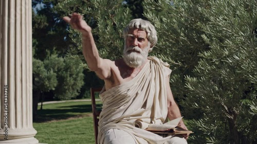 Ancient philosopher in traditional toga gesturing with hand during outdoor teaching in green park, concept of classical wisdom, Greek philosophy, rhetoric, public discourse, historical education