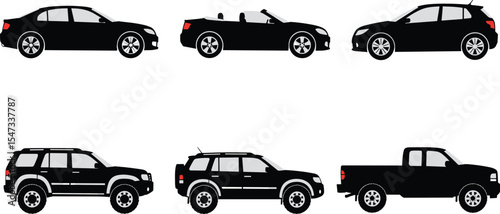 Collection of black car silhouettes with details, including SUV, pickup, convertible, hatchback, and sedan icons, isolated vector set for automotive and transport design