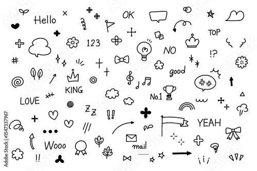 手描きの落書きベクター素材セット 　 イラスト　矢印　ハート　吹き出し　飾り　手書き文字　キラキラ