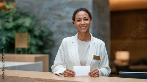 Manager welcomes visitors in a modern reception area