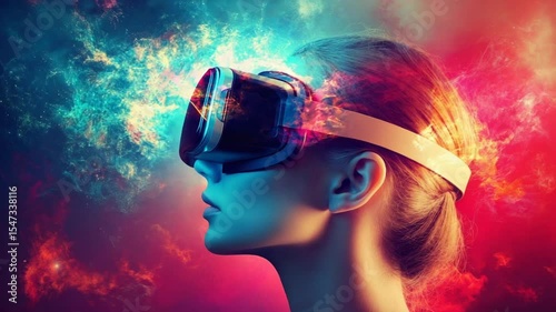Woman immersed in vibrant virtual reality experience with cosmic background