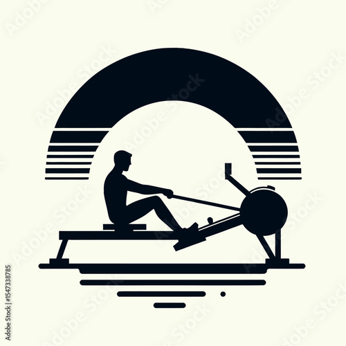 "Rowing Machine Silhouette, Fitness Workout, Sunset Exercise, Cardio Training, Wellness Design"

