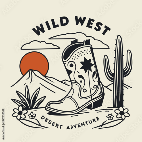 Vintage Wild West Desert Adventure Illustration Featuring a Detailed Cowboy Boot with Ornate Design Against a Setting