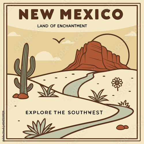 Vintage New Mexico Travel Poster Design Featuring a Southwestern Landscape with a Saguaro Cactus a River and Red
